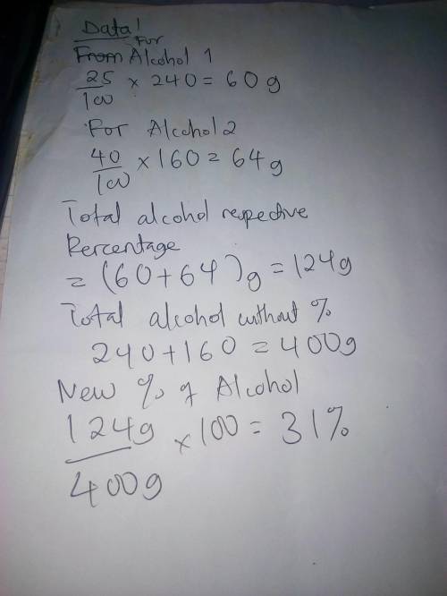 240 grams of a 25% alcohol solution was mixed with 160 grams of a 40% alcohol solution. what is the