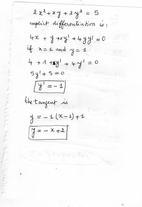 Use implicit differentiation to find an equation of the tangent line to the curve at the given point