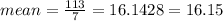 mean=\frac{113}{7 }=16.1428=16.15