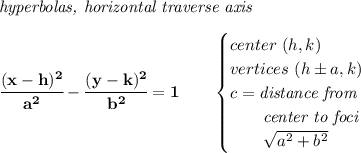 \bf \textit{hyperbolas, horizontal traverse axis }\\\\&#10;\cfrac{(x-{{ h}})^2}{{{ a}}^2}-\cfrac{(y-{{ k}})^2}{{{ b}}^2}=1&#10;\qquad &#10;\begin{cases}&#10;center\ ({{ h}},{{ k}})\\&#10;vertices\ ({{ h}}\pm a, {{ k}})\\&#10;c=\textit{distance from}\\&#10;\qquad \textit{center to foci}\\&#10;\qquad \sqrt{{{ a }}^2+{{ b }}^2}&#10;\end{cases}