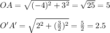 OA=\sqrt{(-4)^2+3^2}=\sqrt{25}=5\\\\ O'A'=\sqrt{2^2+(\frac{3}{2})^2}=\frac{5}{2}=2.5