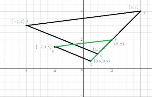 a has the coordinates (–4, 3) and b has the coordinates (4, 4). if do,1/2(x, y) is a dilation of △ab