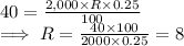 40  = \frac{2,000 \times R \times 0.25}{100}\\\implies R = \frac{40 \times 100}{2000 \times 0.25}   =8