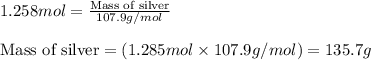 1.258mol=\frac{\text{Mass of silver}}{107.9g/mol}\\\\\text{Mass of silver}=(1.285mol\times 107.9g/mol)=135.7g