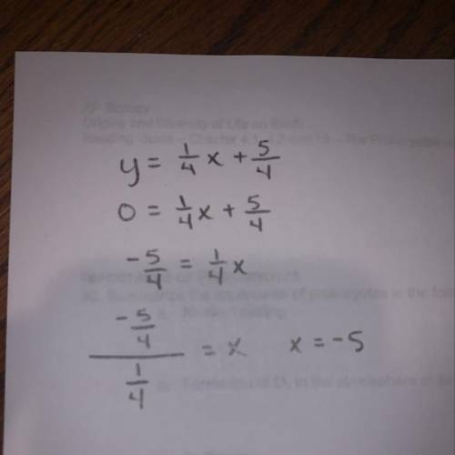 Answer my question   here is a linear equation:  y = 1/4x + 5/4. find the x-intercept of the graph o