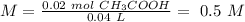 M=\frac{0.02~mol~CH_3COOH}{0.04~L}=~0.5~M