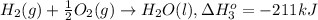 H_2(g) + \frac{1}{2}O_2(g)\rightarrow H_2O(l) ,\Delta H^o_{3} = -211 kJ