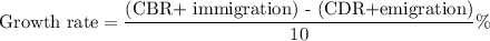 \text{Growth rate}=\dfrac{\text{(CBR+ immigration) - (CDR+emigration)}}{10}\%