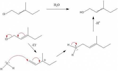 1-chloro-3-methyl-2-pentene undergoes hydrolysis in warm water to give a mixture of 3-methyl-2-pente