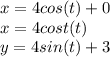 x= 4 cos(t) + 0 \\x= 4 cost(t) \\y= 4 sin(t) + 3