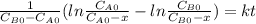 \frac{1}{C_{B0}-C_{A0}}(ln\frac{C_{A0}}{C_{A0}-x}-ln\frac{C_{B0}}{C_{B0}-x}) =kt