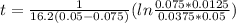 t=\frac{1}{16.2(0.05-0.075)}(ln\frac{0.075*0.0125}{0.0375*0.05})