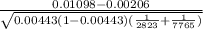 \frac{0.01098-0.00206}{\sqrt{0.00443(1-0.00443)(\frac{1}{2823}+\frac{1}{7765})}}