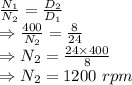 \frac{N_1}{N_2}=\frac{D_2}{D_1}\\\Rightarrow \frac{400}{N_2}=\frac{8}{24}\\\Rightarrow N_2=\frac{24\times 400}{8}\\\Rightarrow N_2=1200\ rpm