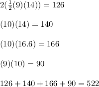 2(\frac{1}{2} (9)(14))=126\\\\(10)(14)=140\\\\(10)(16.6)=166\\\\(9)(10)=90\\\\126+140+166+90=522