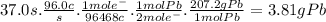 37.0s.\frac{96.0c}{s} .\frac{1mole^{-} }{96468c} .\frac{1molPb}{2mole^{-} } .\frac{207.2gPb}{1molPb} =3.81gPb