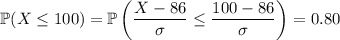 \mathbb P(X\le100)=\mathbb P\left(\dfrac{X-86}\sigma\le\dfrac{100-86}\sigma\right)=0.80