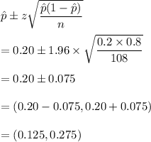 \hat{p}\pm z\sqrt{\dfrac{\hat{p}(1-\hat{p})}{n}}\\\\=0.20\pm 1.96\times \sqrt{\dfrac{0.2\times 0.8}{108}}\\\\=0.20\pm 0.075\\\\=(0.20-0.075, 0.20+0.075)\\\\=(0.125, 0.275)