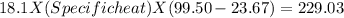 18.1X(Specificheat)X(99.50-23.67)=229.03