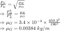 \frac{F_G}{F_E}=\sqrt{\frac{\mu_E}{\mu_G}}\\\Rightarrow \frac{F_G^2}{F_E^2}=\frac{\mu_E}{\mu_G}\\\Rightarrow \mu_G=3.4\times 10^{-4}\times \frac{659.3^2}{196^2}\\\Rightarrow \mu_G=0.00384\ kg/m
