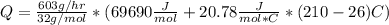 Q=\frac{603 g/hr}{32 g/mol}*(69690\frac{J}{mol}+20.78\frac{J}{mol*C}*(210-26)C)