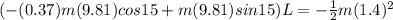 (-(0.37)m(9.81) cos15 + m(9.81) sin15)L = - \frac{1}{2}m(1.4)^2