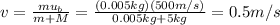 v=\frac{m u_b}{m+M}=\frac{(0.005 kg)(500 m/s)}{0.005 kg+5 kg}=0.5 m/s