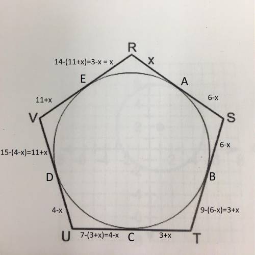 Pentagon rstuv is circumscribed about a circle. what is the value of x if rs = 6, st = 9, tu = 7, uv