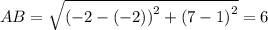 AB=\sqrt{\left(-2-\left(-2\right)\right)^2+\left(7-1\right)^2}=6