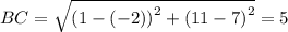 BC=\sqrt{\left(1-\left(-2\right)\right)^2+\left(11-7\right)^2}=5