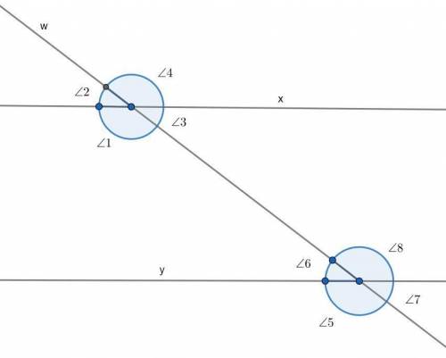 Two parallel lines are crossed by a transversal. parallel lines x and y are cut by transversal w. on