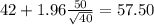 42 + 1.96 \frac{50}{\sqrt{40}}=57.50