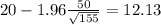 20 - 1.96 \frac{50}{\sqrt{155}}=12.13