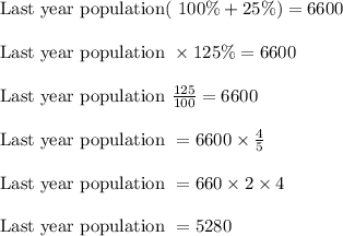 \begin{array}{l}{ \text { Last year population( }100 \%+25 \%)=6600} \\\\ {\text { Last year population } \times 125 \%=6600} \\\\ {\text { Last year population } \frac{125}{100}=6600} \\\\ {\text { Last year population }=6600 \times \frac{4}{5}} \\\\ {\text { Last year population }=660 \times 2 \times 4} \\\\ {\text { Last year population }=5280}\end{array}