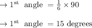 \begin{array}{l}{\rightarrow 1^{\text {st }} \text { angle }=\frac{1}{6} \times 90} \\\\ {\rightarrow 1^{\text {st }} \text { angle }=15 \text { degrees }}\end{array}