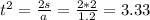 t^2 = \frac{2s}{a} = \frac{2*2}{1.2} = 3.33
