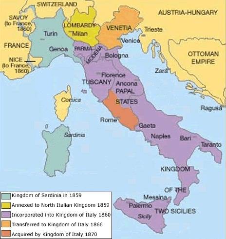 According to the map, what was italy’s status in 1871?  italy was partially united. italy was fully