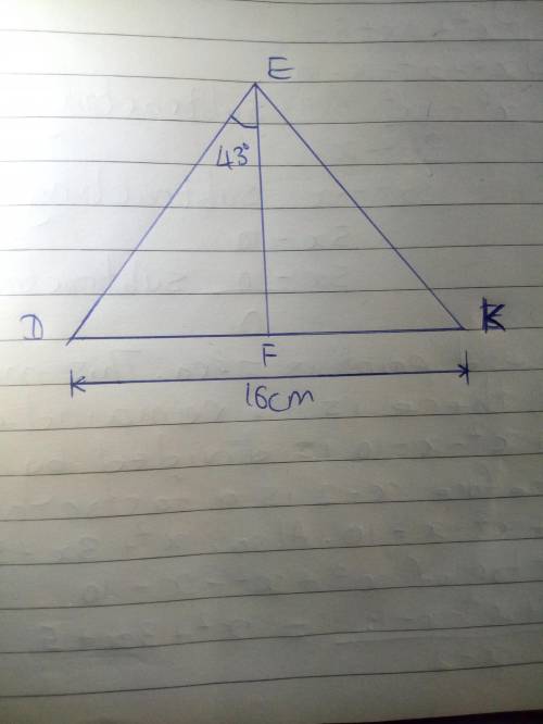 In isosceles ∆dek with base dk , ef is the angle bisector of ∠e, m∠def = 43°, and dk = 16cm. find: