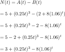 N(t)=A(t)-B(t)\\\\=5 + (0.25t)^3-(2 + 8(1.06)^t)\\\\=5 + (0.25t)^3-2-8(1.06)^t\\\\=5-2 +(0.25t)^3-8(1.06)^t\\\\=3+(0.25t)^3-8(1.06)^t