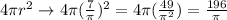 4\pi r^2\rightarrow 4\pi(\frac{7}{\pi})^2=4\pi(\frac{49}{\pi^2})=\frac{196}{\pi}