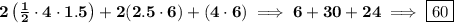 \bf 2\left( \frac{1}{2}\cdot 4\cdot 1.5  \right)+2(2.5\cdot 6)+(4\cdot 6)\implies 6+30+24\implies \boxed{60}