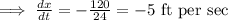 \implies \frac{dx}{dt}=-\frac{120}{24}=-5\text{ ft per sec}