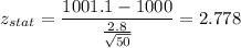 z_{stat} = \displaystyle\frac{ 1001.1 - 1000}{\frac{2.8}{\sqrt{50}} } = 2.778