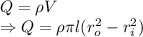 Q=\rho V\\\Rightarrow Q=\rho\pi l(r_o^2-r_i^2)