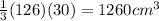 \frac{1}{3}(126)(30)=1260cm^{3}