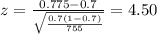 z=\frac{0.775 -0.7}{\sqrt{\frac{0.7(1-0.7)}{755}}}=4.50