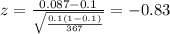 z=\frac{0.087 -0.1}{\sqrt{\frac{0.1(1-0.1)}{367}}}=-0.83