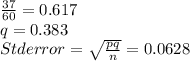 \frac{37}{60} =0.617\\q = 0.383\\Std error = \sqrt{\frac{pq}{n} } =0.0628