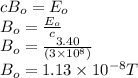 c B_{o} = E_{o}\\B_{o} = \frac{E_{o}}{c} \\B_{o} = \frac{3.40}{(3 \times10^{8} )}\\B_{o} = 1.13\times10^{-8} T
