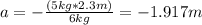 a=-\frac{(5kg*2.3m)}{6kg}=-1.917m